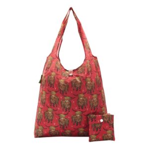 Eco Chic Lightweight Foldable Reusable Shopping Bag Red Highland Cow